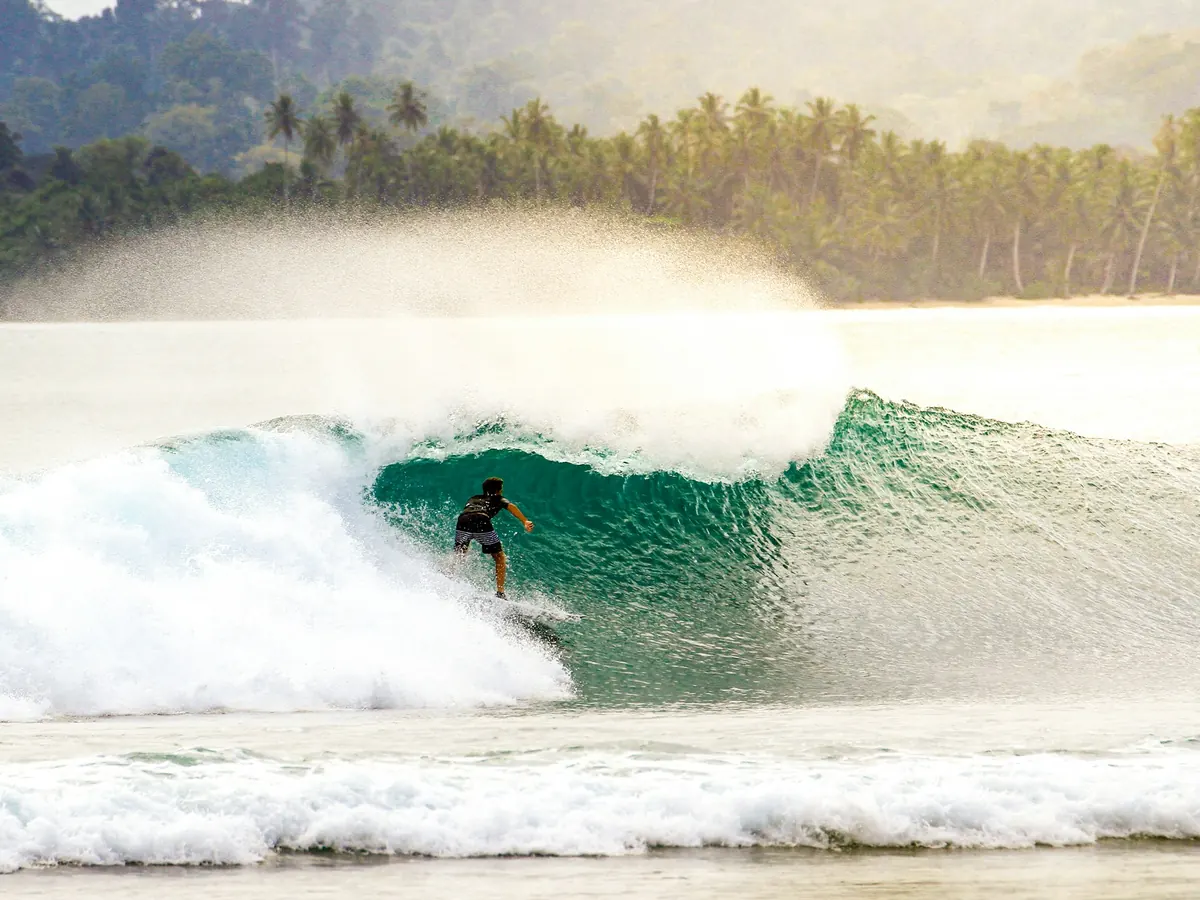 A surfer riding a clean right-hander off a jungle-backed Mentawai reef
