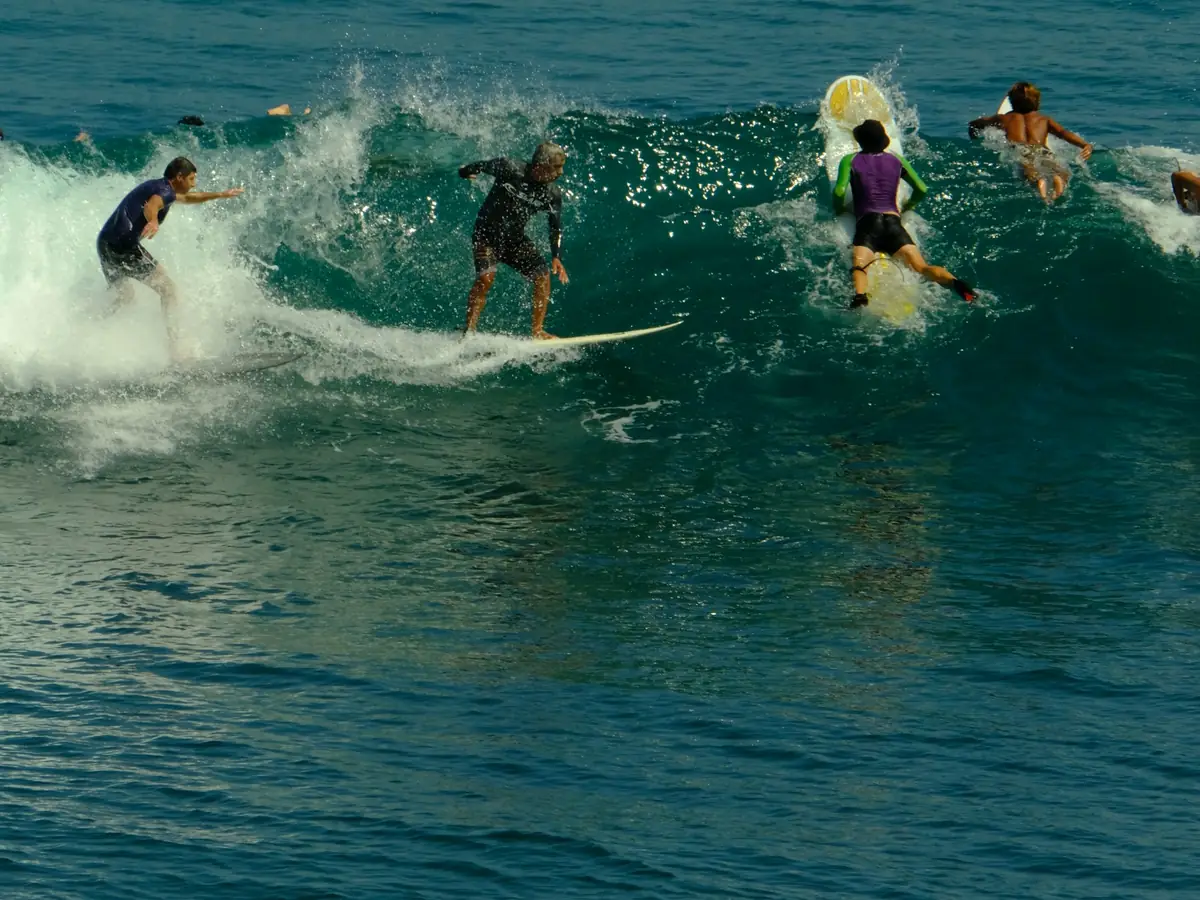 Surfers in the water at a tropical reef break